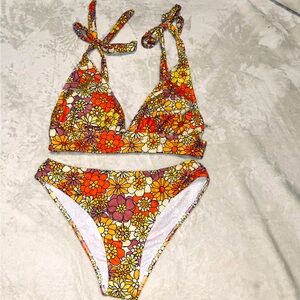 ⚫️ EUC Retro 60s 70s Style Groovy Hippie Floral Shoulder-Tie Bikini EUC Sz Large